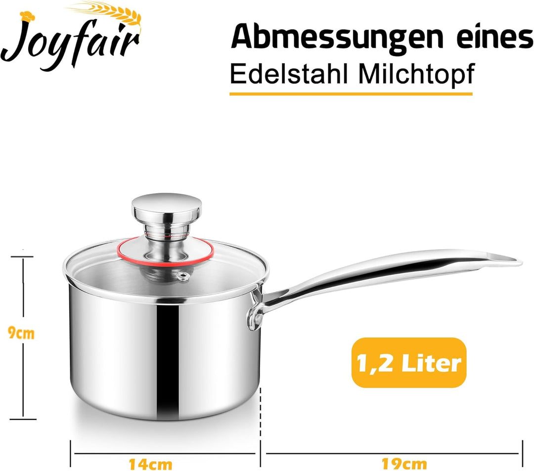Joyfair Stielkasserolle, 14cm Premium 3-Lagiger Edelstahl Milchtopf Induktion mit Deckel, 1,2 Liter