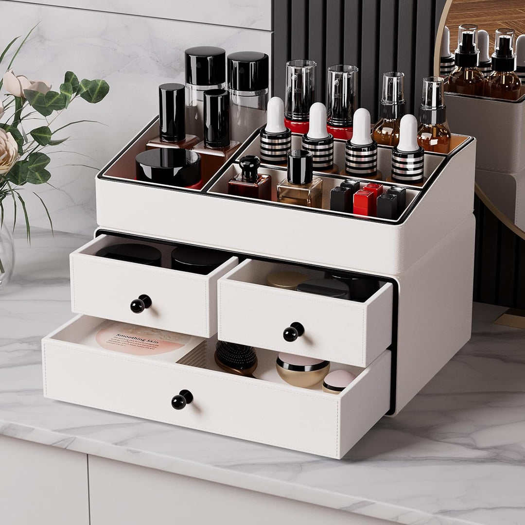 GORESE Make Up Kosmetik Organizer,2-Stöckig 3-Schubladen Leder schminktisch organizer Beauty Aufbewa