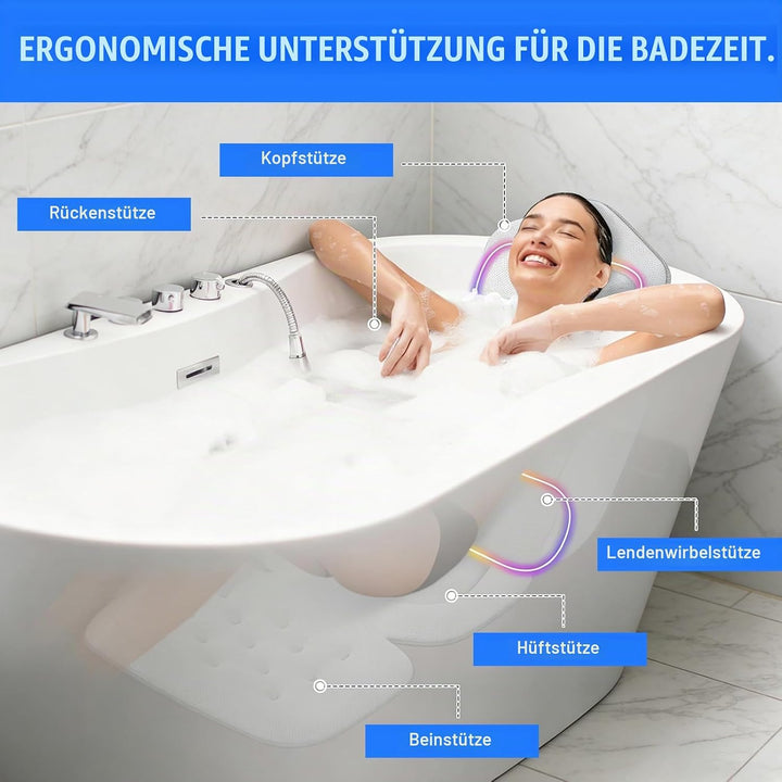 Badewannenkissen Ganzkörper mit Lendenkissen und Kopfstütze, 4D Verdickte Badewannenmatte 133x40 cm