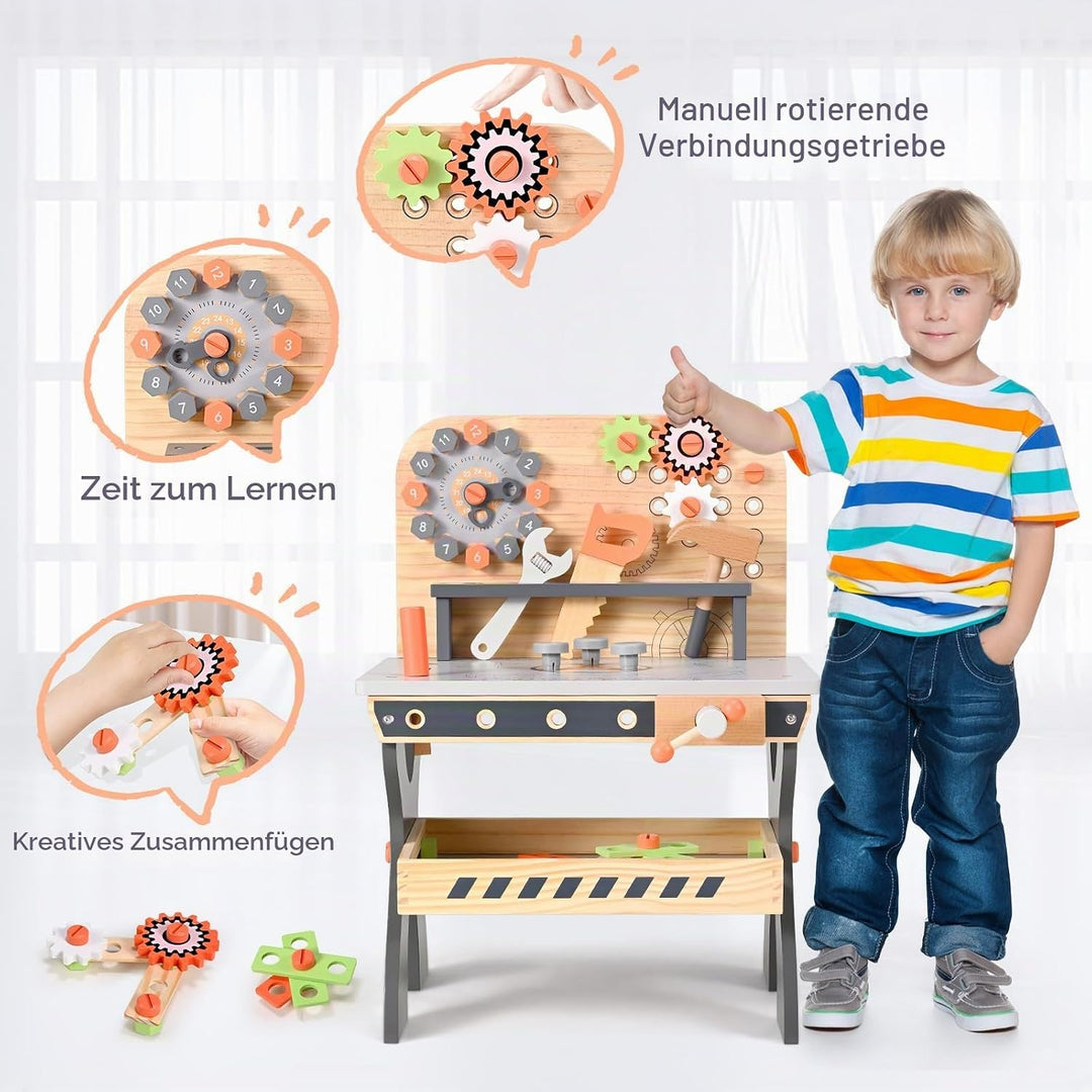 Kinderwerkbank aus Holz, Spielwerkzeuge Werkzeugbank aus Holz Multifunktions Simulationswartung Werk
