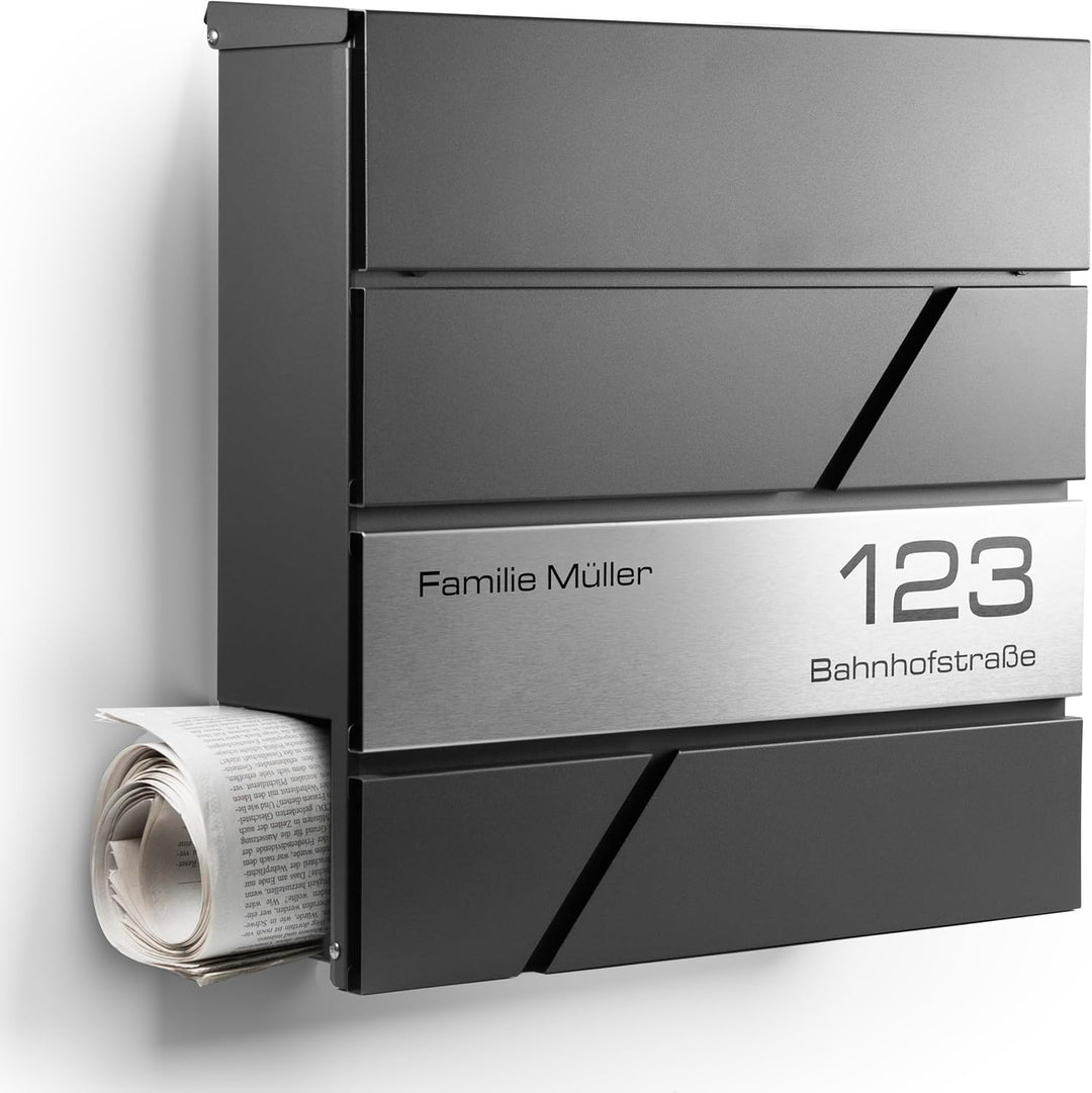 NewHabitat I Moderner Briefkasten Anthrazit mit Zeitungsfach - Wandbriefkasten personalisiert mit Ed