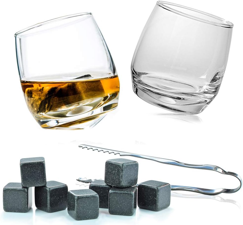 Flow Barware Deluxe Whiskygläser und Whiskysteine, in Geschenkbox aus Holz, italienisches Vintage-Kr