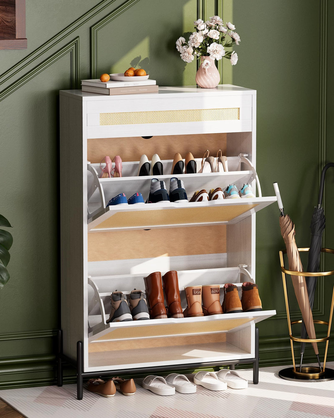 60×22×H104 Schuhschrank, 2 Klappen & 1 Schubladen, Rattan & Verstellbare Ablagen & Geschlossenes, Sh