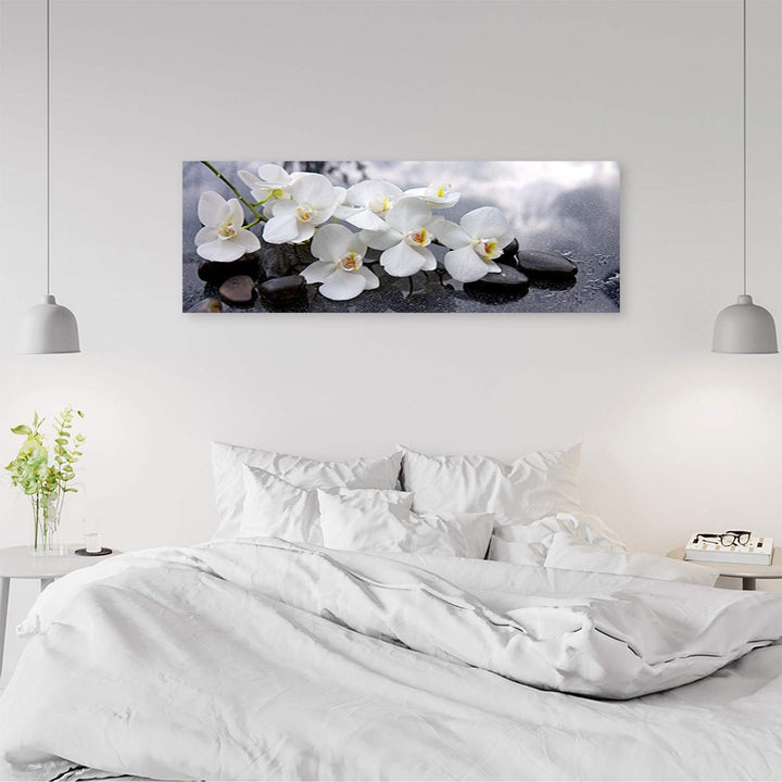 Feeby Wanddeko Orchideen Leinwandbild Kunstdruck Steine Grau 120x40 cm Leinwandbild 120x40 cm Grau_a
