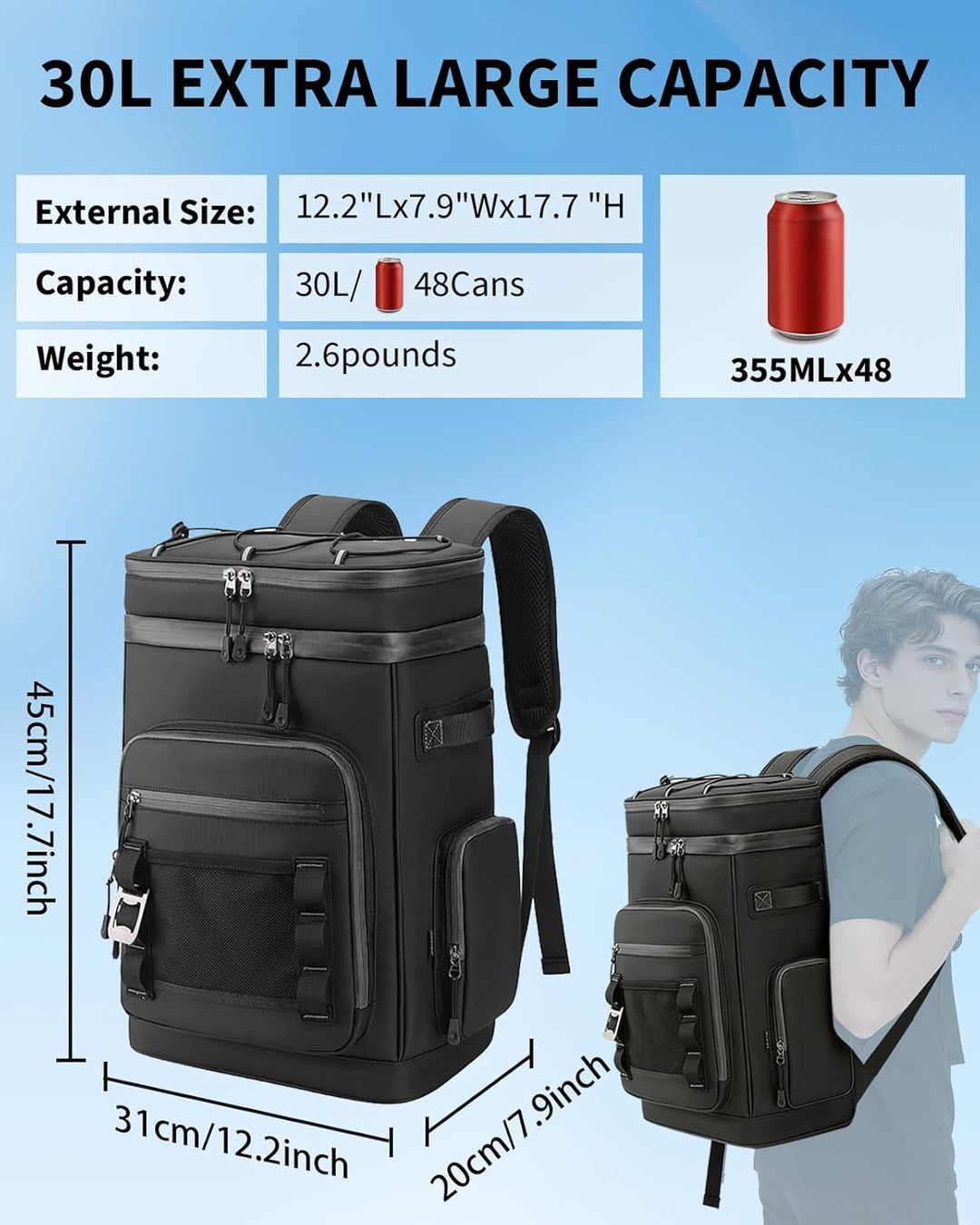 30L Kühlrucksack, Gross Isolierte Kühltasche Wasserdichter Picknickrucksack für Männer Frauen, Tragb