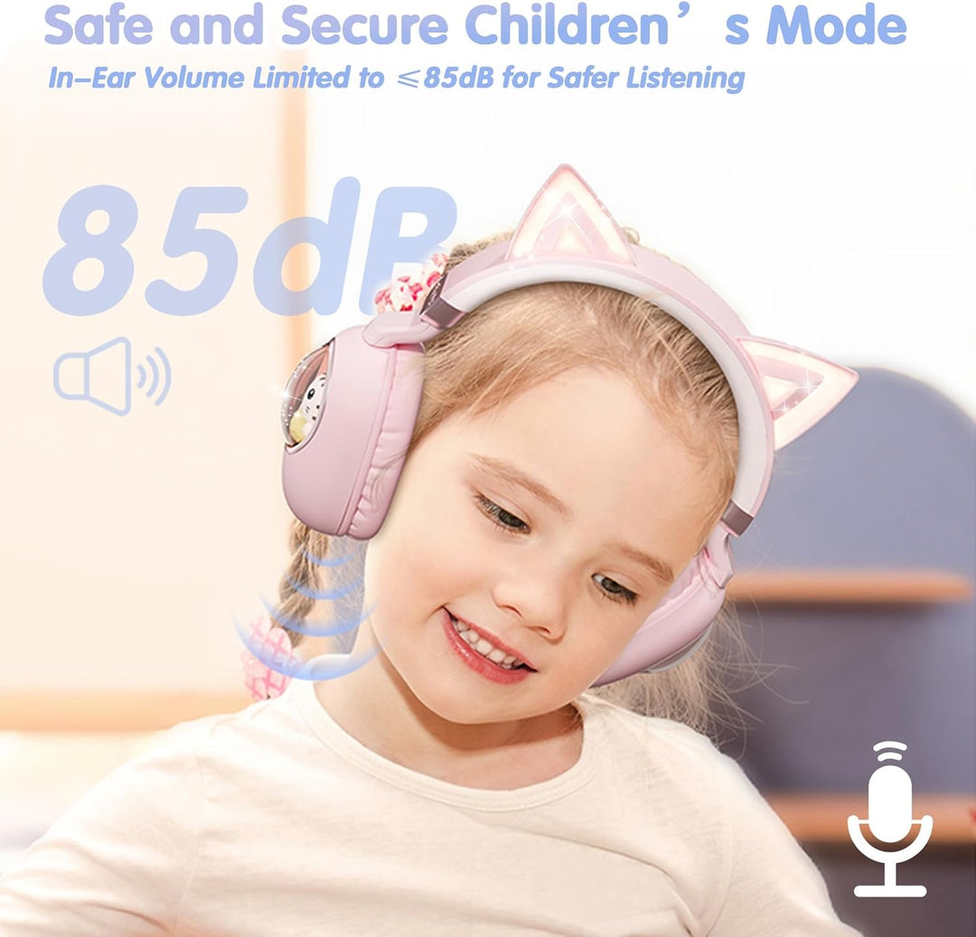 Kinder Kopfhörer mit Katzenohren, Bluetooth 5.4 Over-Ear Noise Cancelling Kopfhörer mit Mikrofon, LE