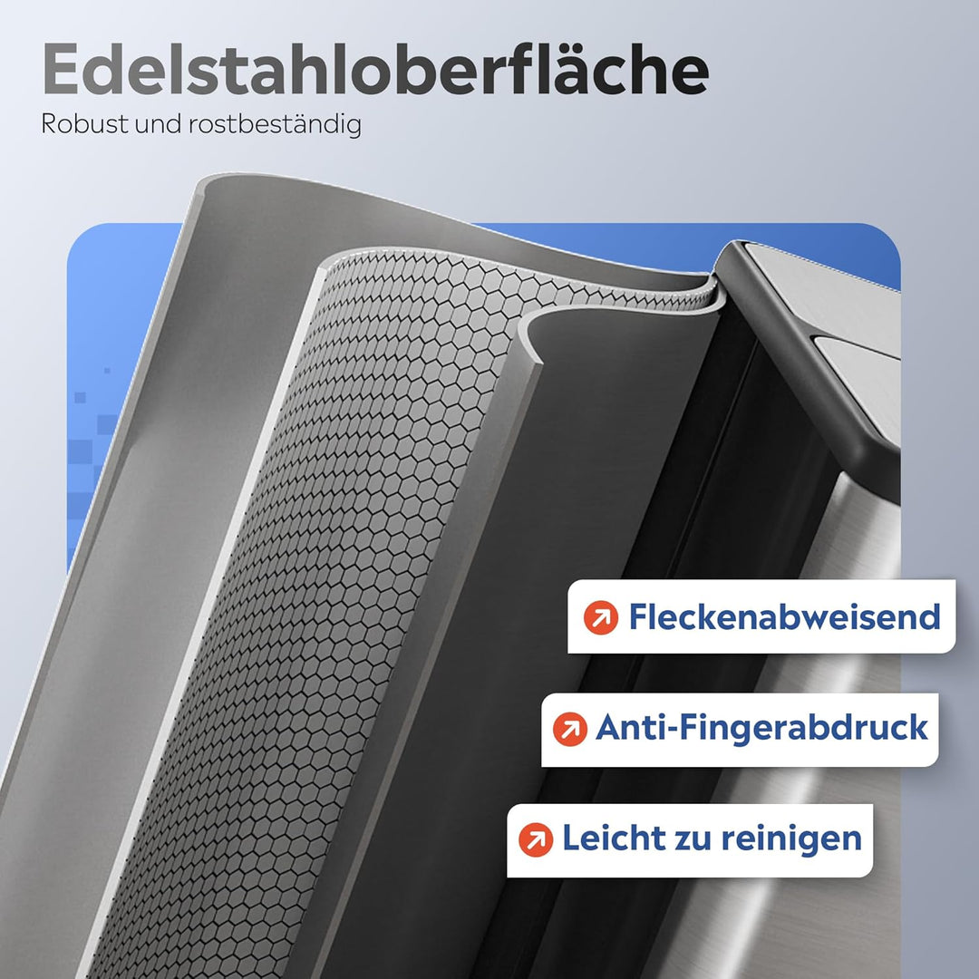 WLIVE Mülleimer 2 x 30L (60L Gesamtvolumen),Mülleimer Küche,Edelstahl Mülltrennsystem mit Mülleimer