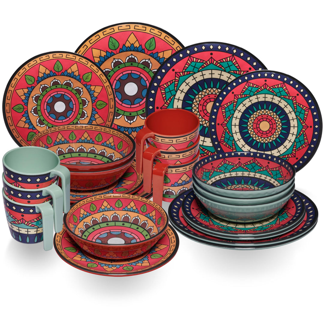 Melamin Geschirr Set Toskana Deep für 6 Personen - Rot-Grün - Mandala-Optik Spülmaschinengeeignet Es