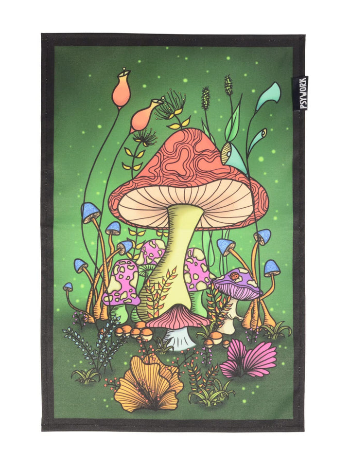 PSYWORK Schwarzlicht Stoffposter Neon | Magic Mushroom Wonderland | 0,3 x 0,45m | UV-aktiv | fluores