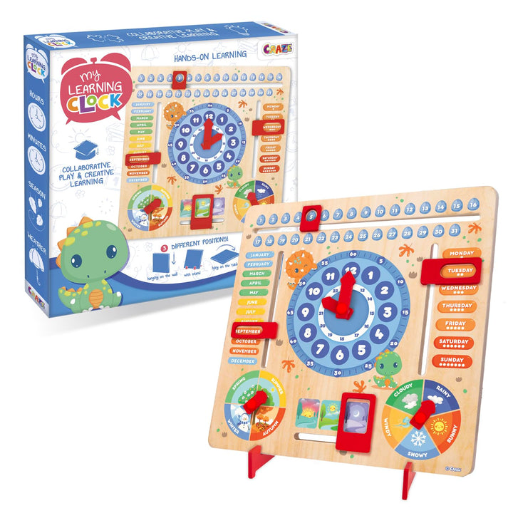 CRAZE My Learning Clock Dino ENGLISCHE SPRACHE - Lernuhr Kinder Holz, Kalenderuhr zum Lernen für Kin