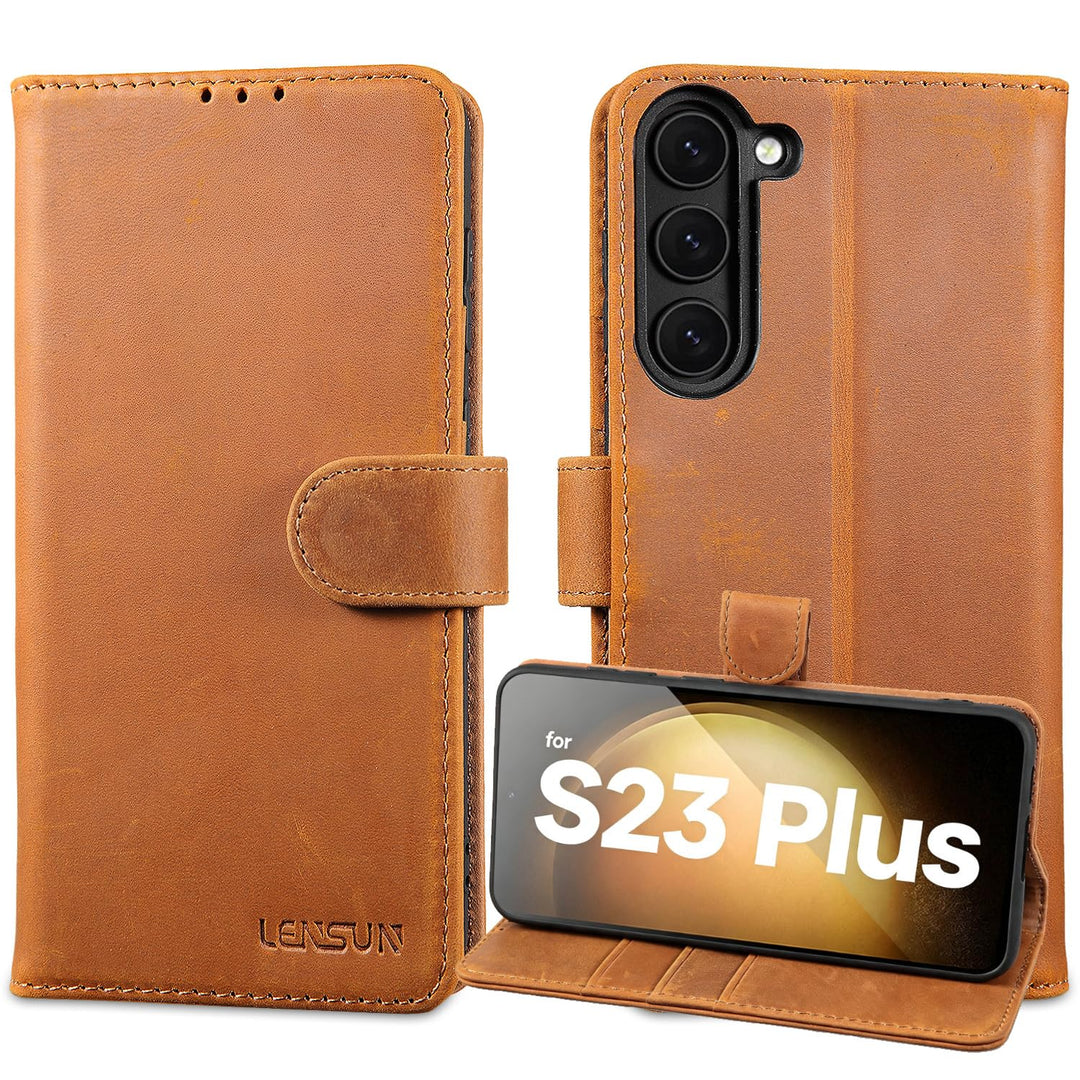 LENSUN Echtleder Hülle für Samsung Galaxy S23 Plus, Handyhülle [Echtes Leder] [Magnetverschluss] [RF