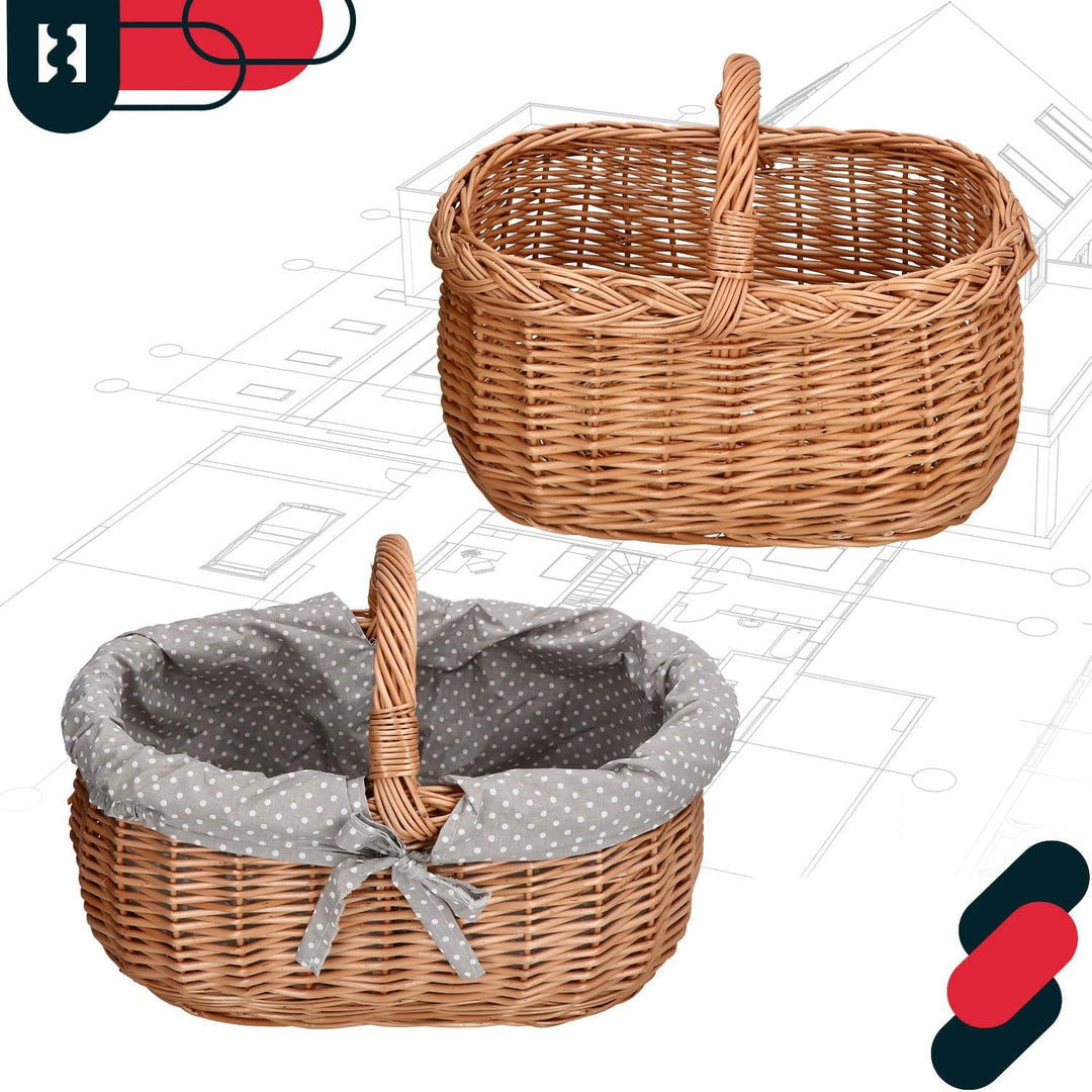 KOTARBAU® Picknickkorb Weidenkorb 47 cm Naturfarbe Einkaufskorb mit Grau Stoffeinsatz Osterkorb Gesc