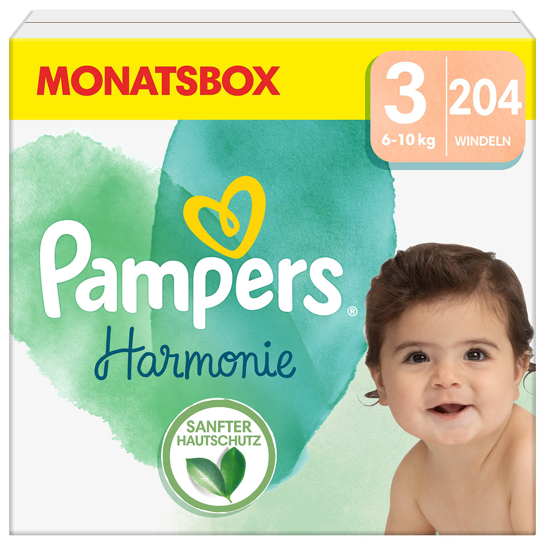 Pampers Baby Windeln Grösse 3 (6-10 kg) Harmonie, MONATSBOX, Sanfter Hautschutz Und Pflanzenbasierte