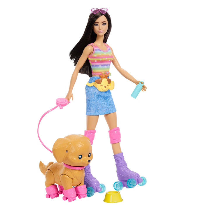 Barbie Brünette „Pets Skate and Run Puppe mit Rollschuh-Hündchen, Leine, passenden Rollschuhen, Sonn