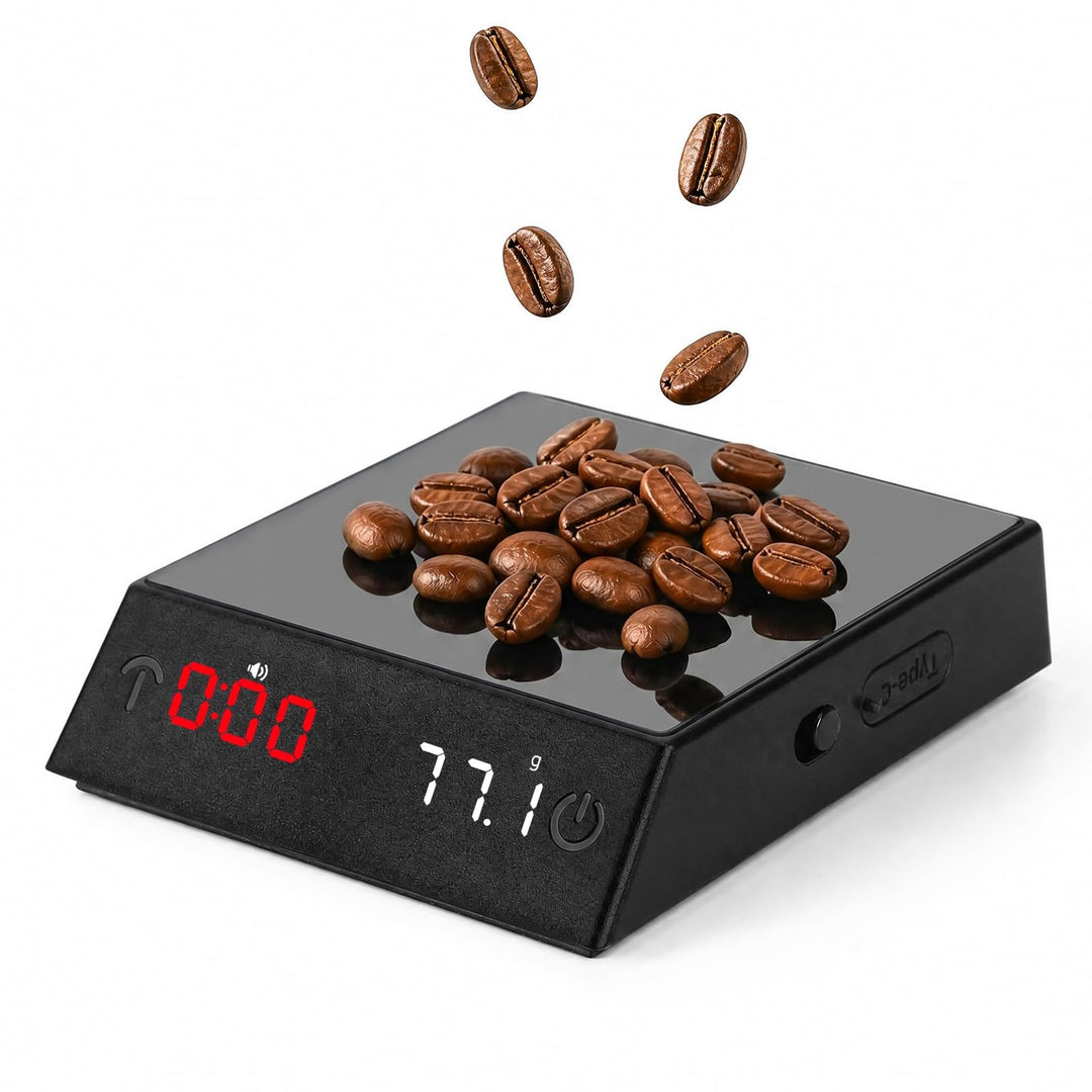 Kaffeewaage mit Timer, Wiederaufladbare Espressowaage 2kg/0,1g Präzision, Mini Kaffeewaage mit 45° G