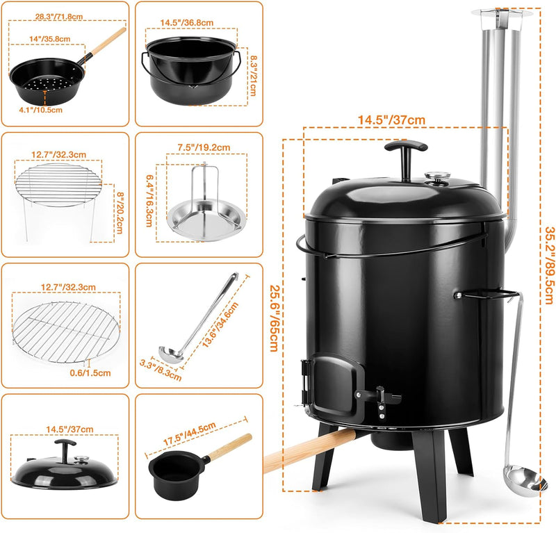 Onlyfire Emailliert Gulaschkanone, Kesselgulasch mit Hähnchenbräter, Grillrost, Suppenkessel, Pfanne