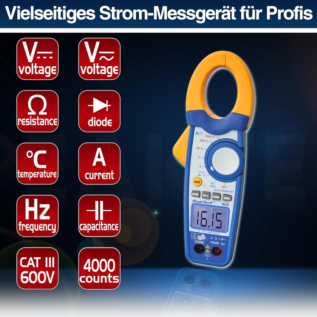 PeakTech 1615 – Zangenmessgerät 1000A AC/DC, Stromzange Multimeter, TÜV/GS, CAT III, Strommesszange,