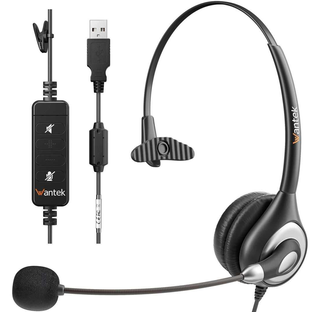 Wantek Kabelgebundene USB-Headsets Mono mit Geräuschunterdrückungs-Mikrofon und Inline-Steuerung, UC