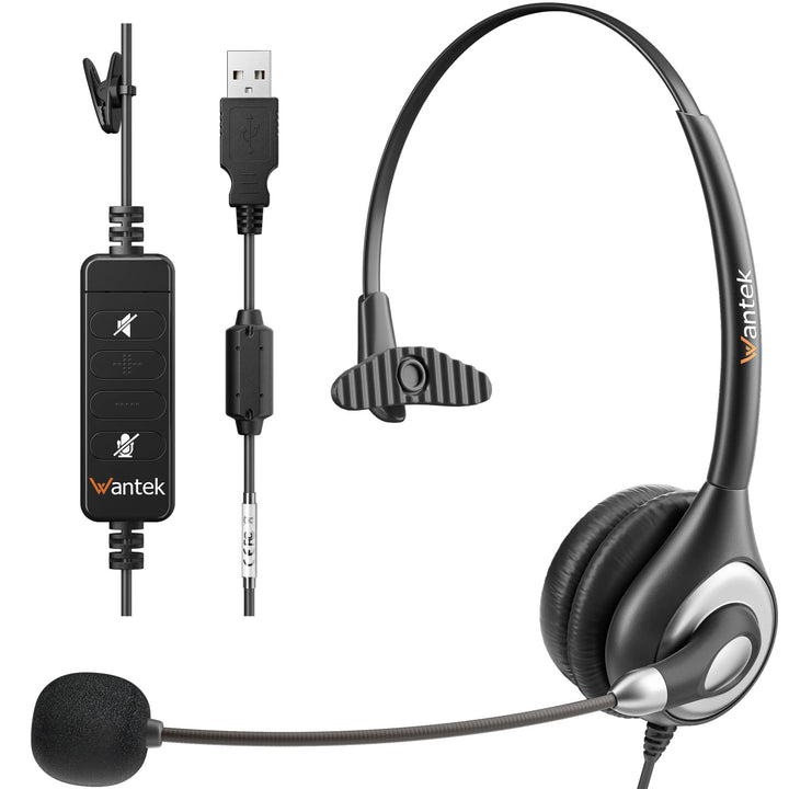 Wantek Kabelgebundene USB-Headsets Mono mit Geräuschunterdrückungs-Mikrofon und Inline-Steuerung, UC