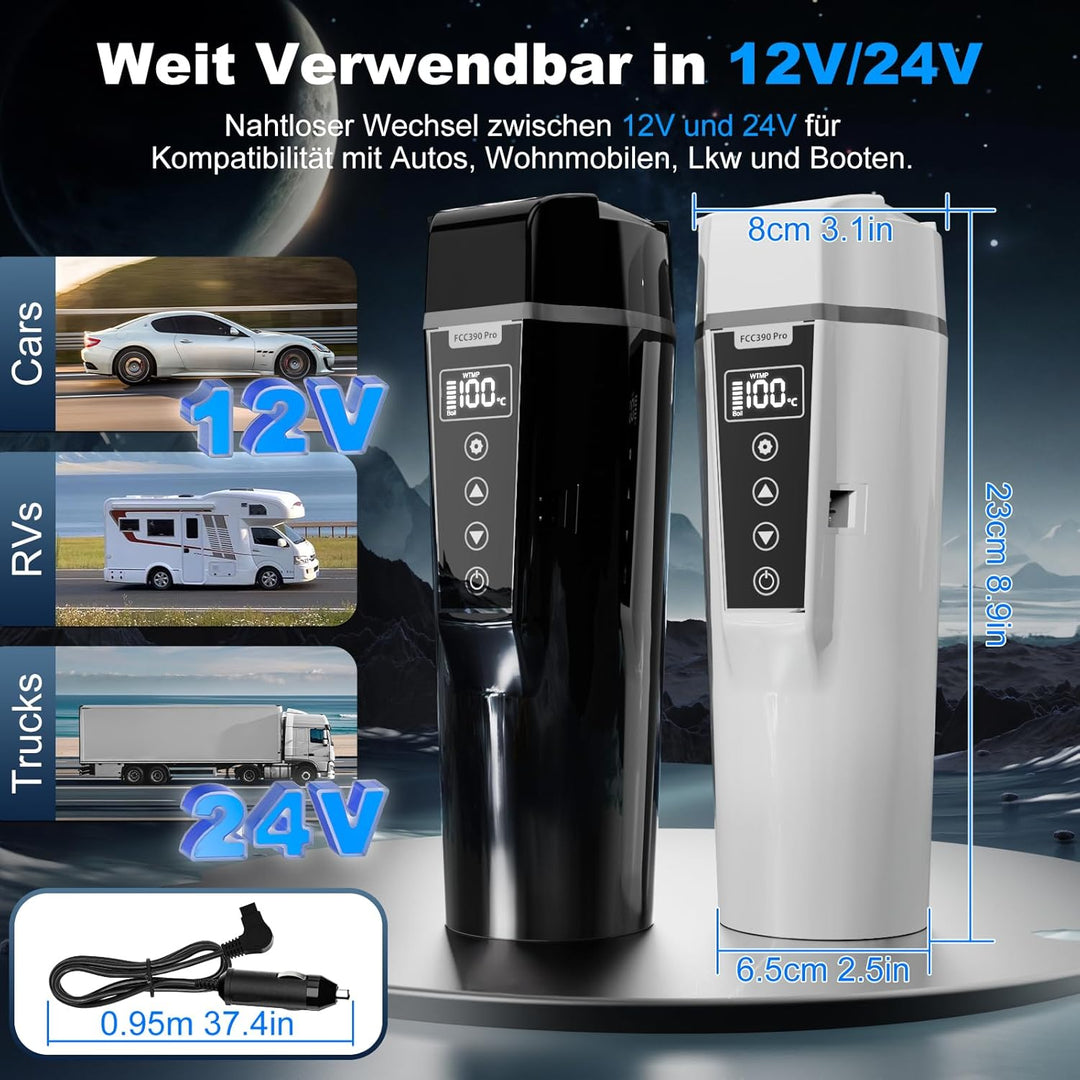 Nardea Elektrischer Wasserkocher für das Auto, 12 V/24 V, tragbarer Reisewasserkocher für LKW, Kaffe