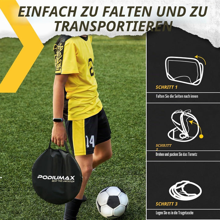 PodiuMax klappbares 2 in 1 Pop-Up Fussballtor für Kinder im Garten | Torwandtrainer für Indoor/Outdo