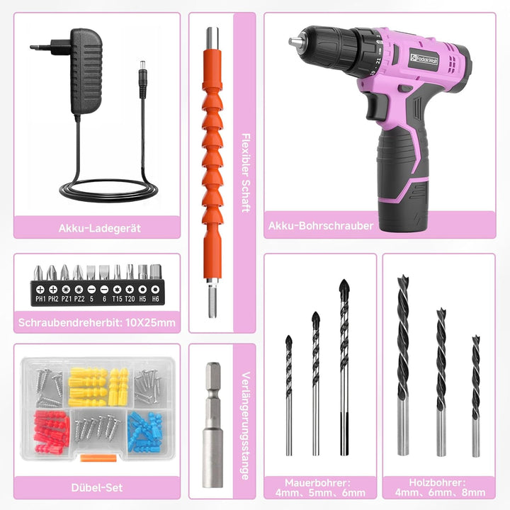 12V Akku-Bohrschrauber, Akku-Bohrschrauber-Set, 3/8" Zoll Schnellspannbohrfutter, Rosa Elektroschrau