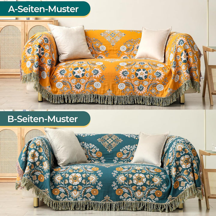 HOORDRY 100% Baumwolle Decke 230 x 250CM Boho Tagesdecke Doppelseitig Kuscheldecke Sofaüberwurf Wend