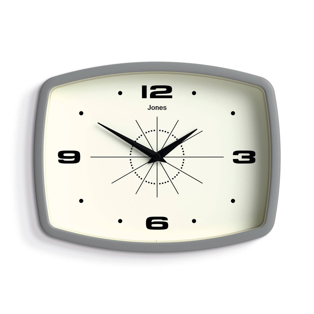 JONES CLOCKS® Movie Wanduhr | Retro rechteckige Uhr | 25cm | Grau | Cooler Designer-Look für Küche,