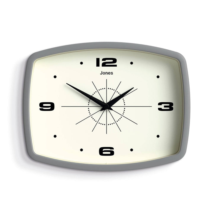 JONES CLOCKS® Movie Wanduhr | Retro rechteckige Uhr | 25cm | Grau | Cooler Designer-Look für Küche,