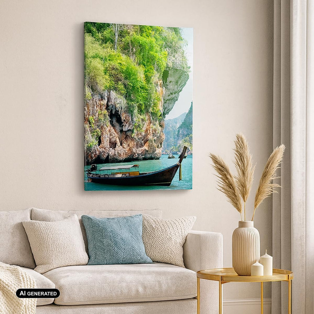 Bilder auf Leinwand Boot Klippen Natur Felsen Leinwandbild mit Rahmen 45x80cm Wandbilder Dekoration