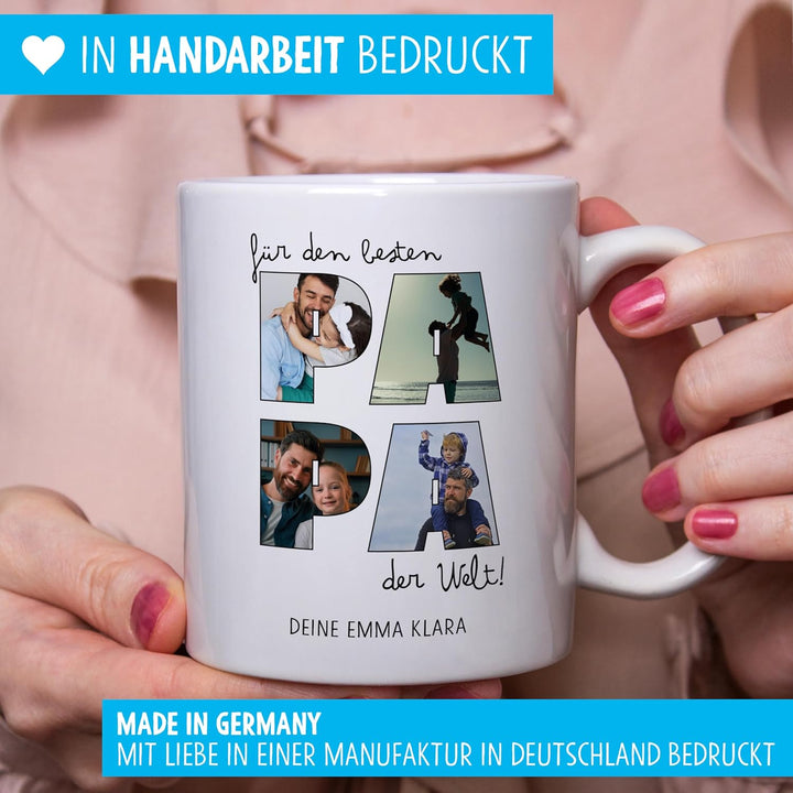 OWLBOOK® Tasse Bester Papa mit 4 Fotos & Spruch selbst gestalten | Fototasse mit eigenem Bild & Text