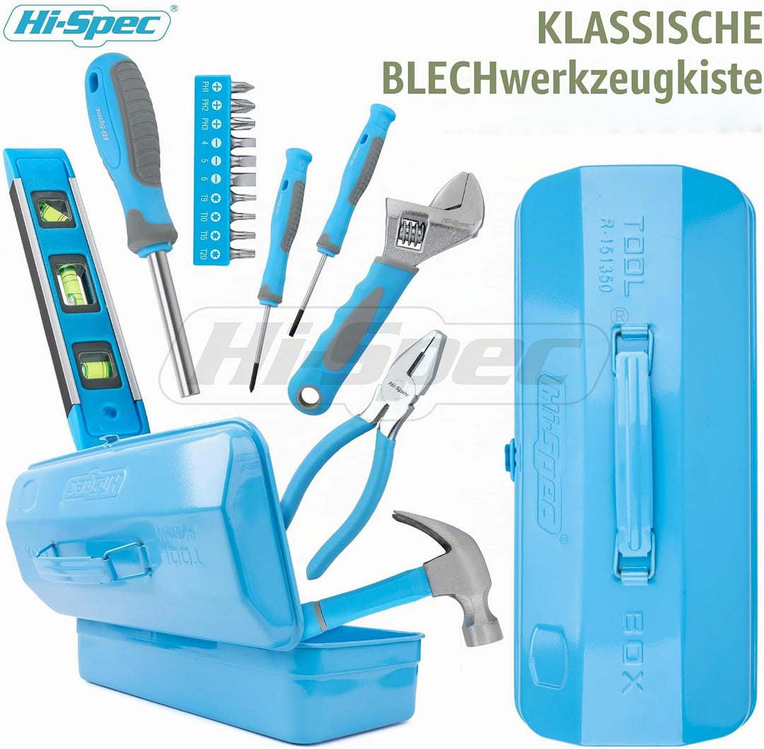Hi-Spec Werkzeug-set für Anfänger in Blauer Metallbox. Komplettes echtes Handwerkzeug für Heimwerker