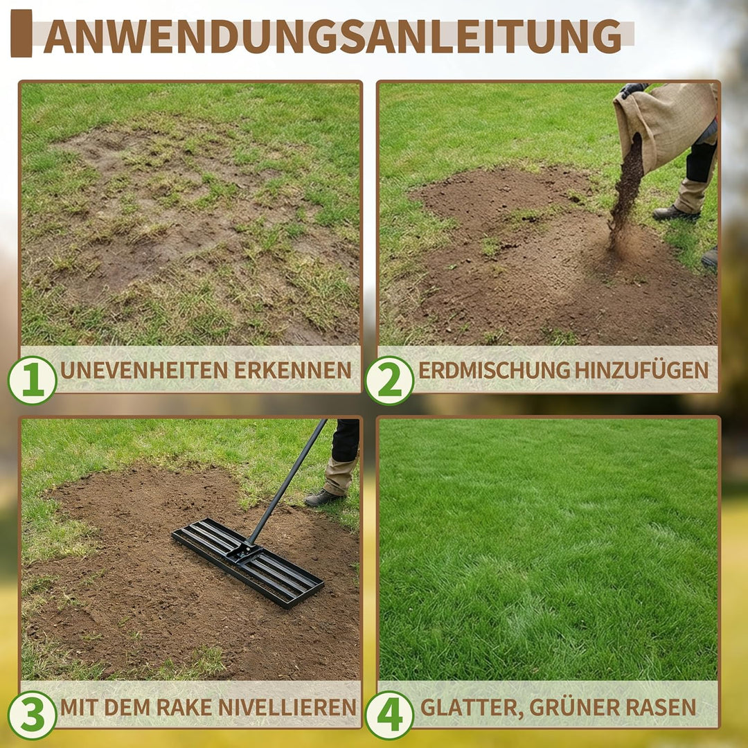 Rasen Rakel 75x25cm Rückenschonend, Rasennivellierer mit ergonomisch gebogenem 185cm Griff, Metall N