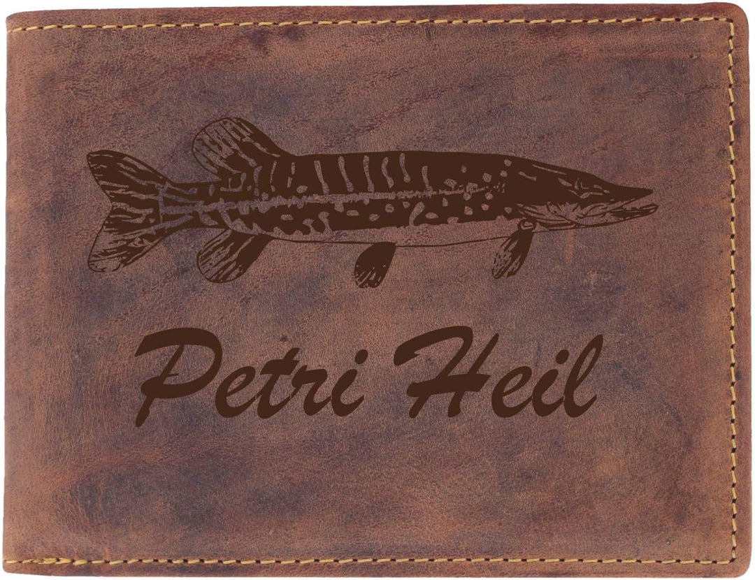 Greenburry Geldbörse mit Petri Heil Motiv I Ledergeldbörse für Angler I Portemonnaie für Angelfreund
