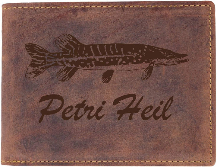 Greenburry Geldbörse mit Petri Heil Motiv I Ledergeldbörse für Angler I Portemonnaie für Angelfreund
