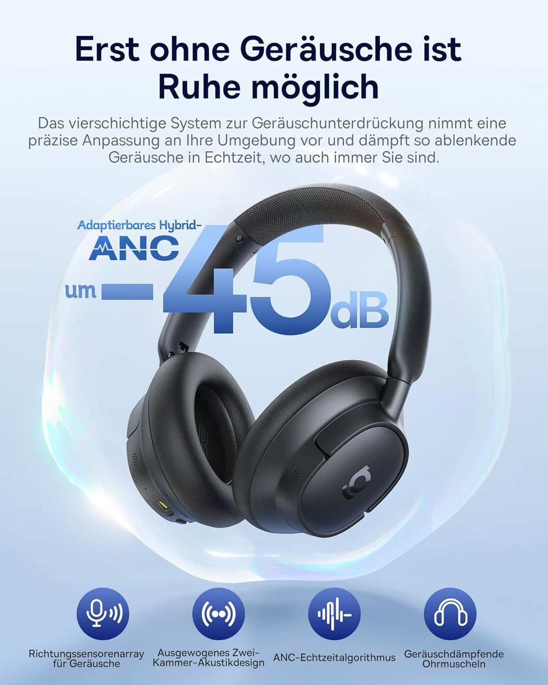 Baseus EH10 NC Bluetooth Kopfhörer mit -45dB Hybrid Active Geräuschisolierung, Over-Ear Kopfhörer mi