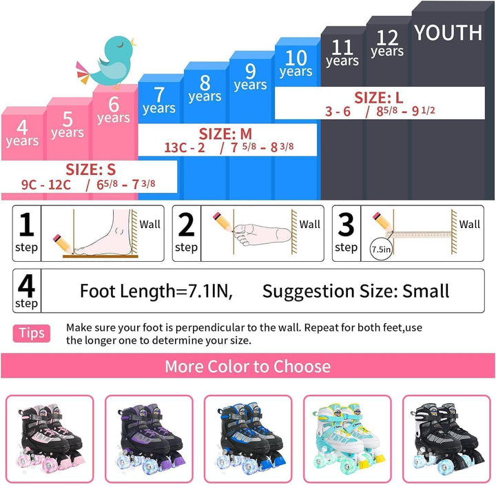 Nattork Kinder Rollschuhe für Mädchen, Jungen und Anfänger, 4 Grössen Verstellbare Rollschuhe mit Le