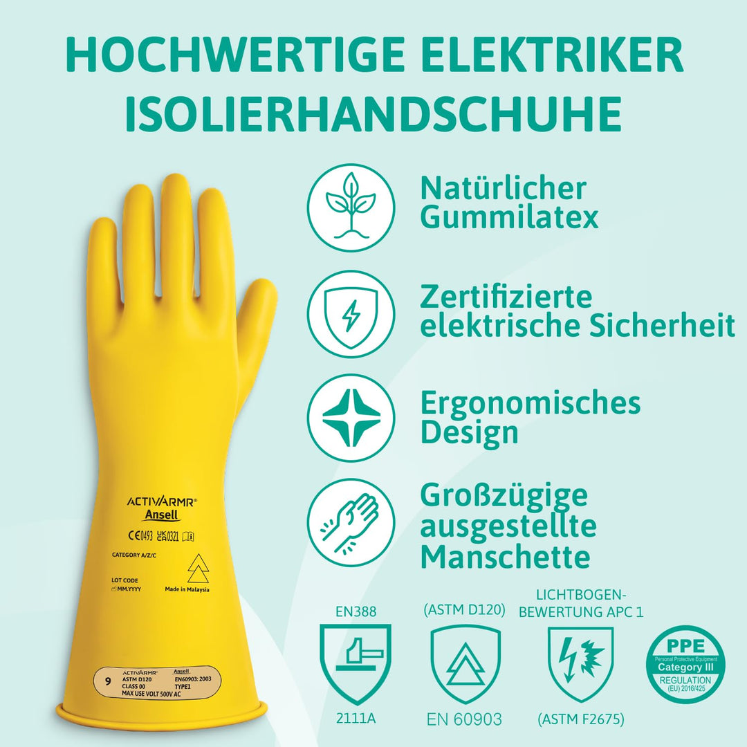 Ansell ActivArmr Elektriker-Schutzhandschuhe, Elektroschutz Klass 00 (500V), Elektrisch Isolierende