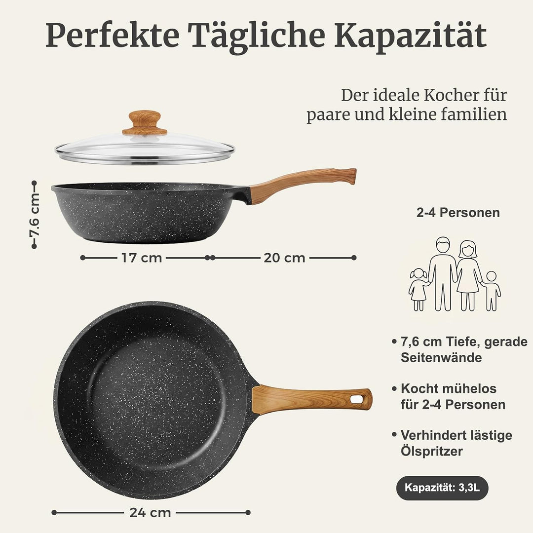 YASHE Schmorpfanne 24 cm, 3,3 L, Induktion, ungiftig, PTFE- und PFAS-frei | PFOA-frei Aluminiumguss