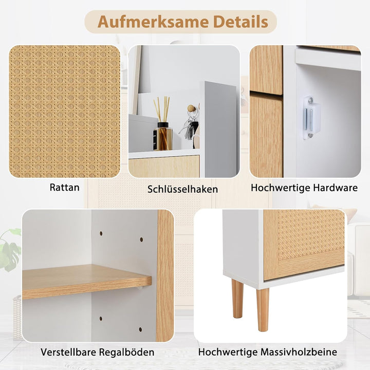 BTM Schuhschrank, Rattan Holz Schuhkipper mit 3 Klappen & Schublade & Tür & Massivholzbeinen, 90x17x