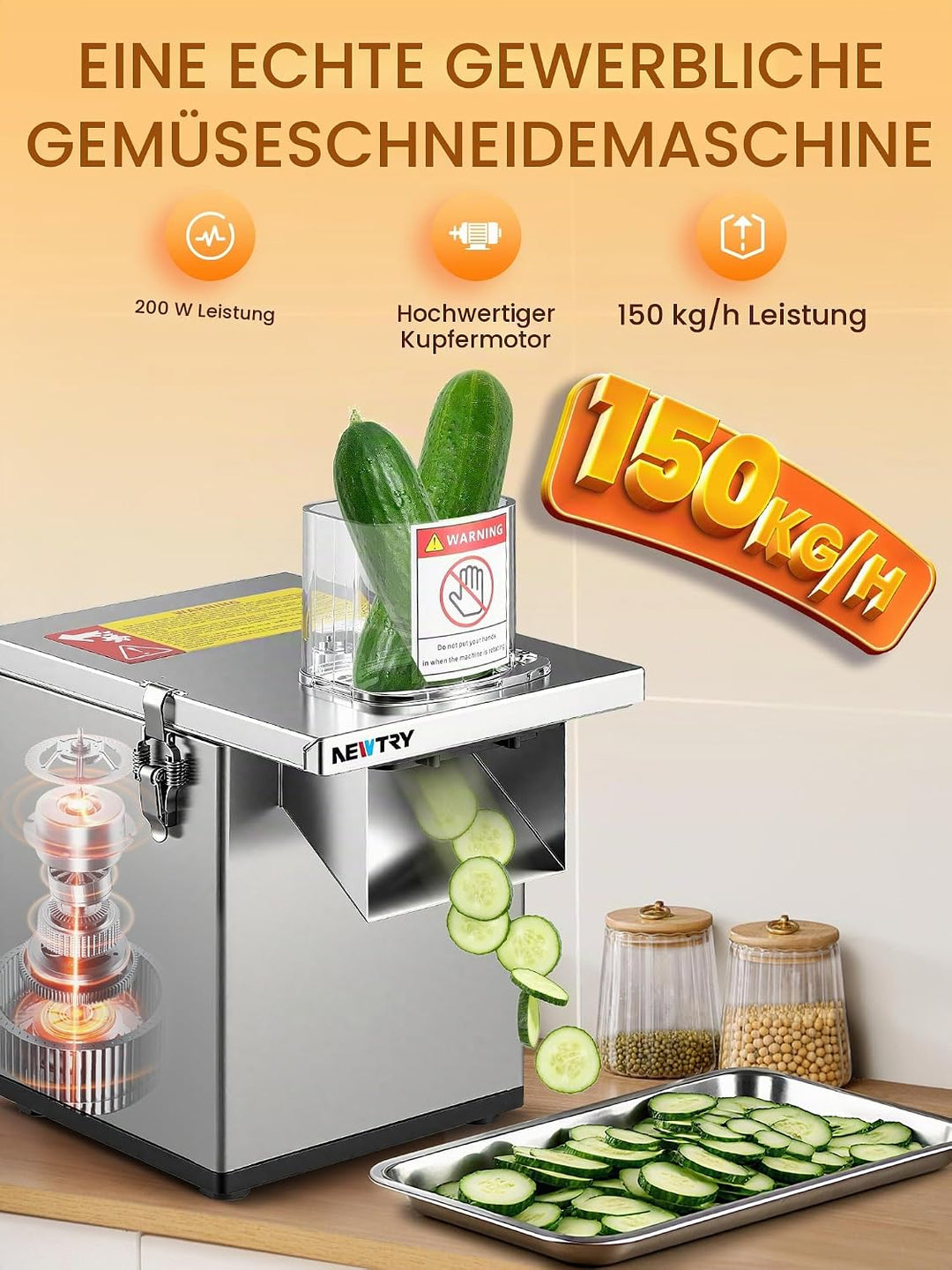 NEWTRY 3-in-1 Elektrischer Gemüseschneider -200W Küchenmaschine mit Edelstahlgehäuse zum Würfeln, Ra