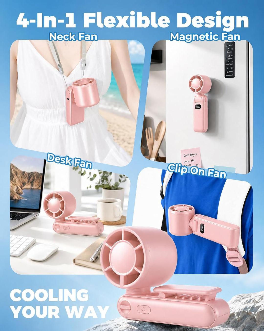 TUNISE Tragbarer Ventilator, Handventilator mit 3600mAh Akku, Mini Ventilator mit magnetischem Clip,