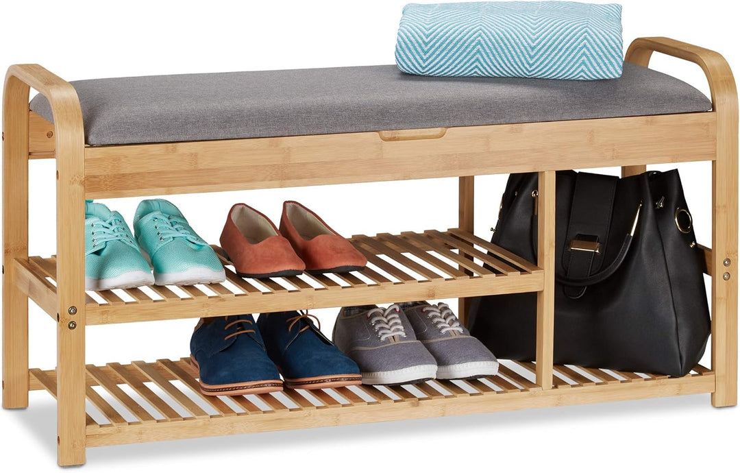 Relaxdays Schuhbank mit Sitzfläche, Stauraum, Polster, Flur, niedrig, Bambus, Sitzbank HxBxT: 50x100
