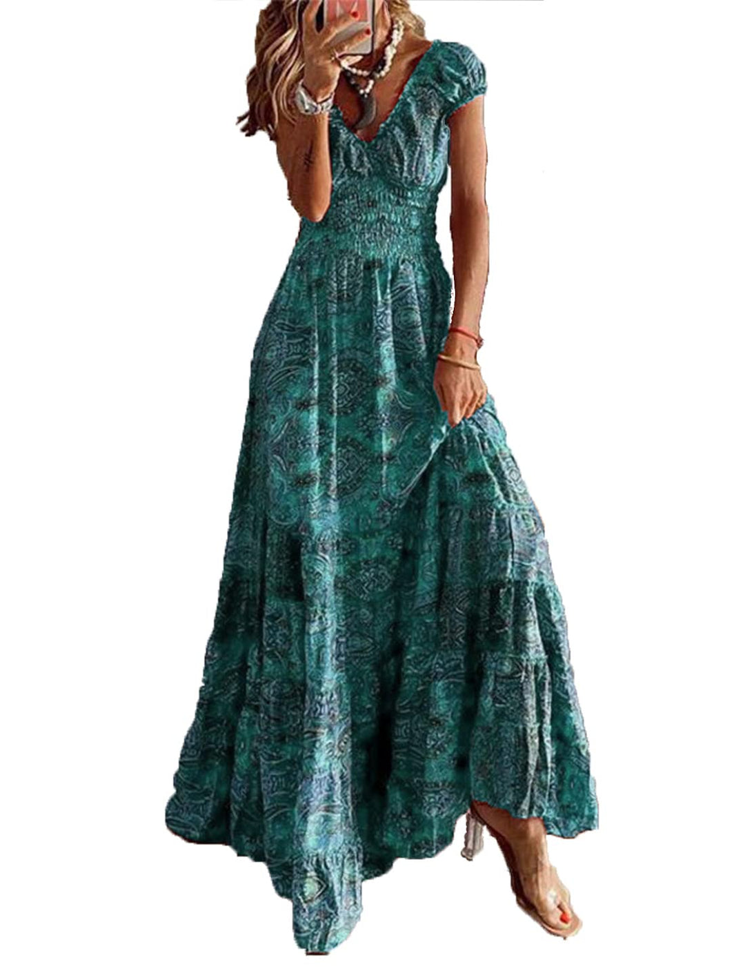 ABYOVRT Sommer Kleider Damen Sommerkleid Boho Lang Kleider Böhmisch Blumen Strandkleid V-Ausschnitt