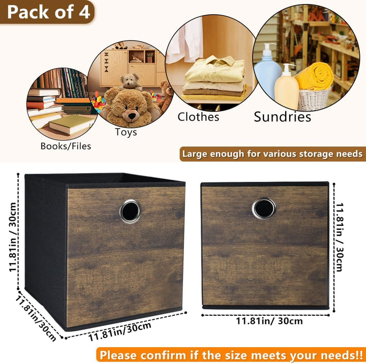 4 Stück Haltbare Aufbewahrungswürfel Behälter mit Vintage Holzkorn,Dekorative Stoffbox Aufbewahrungs