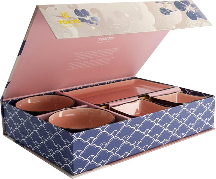 TOKYO design studio, Glassy Pink, Set mit 2 Tellern + 2 Saucen-Schalen + 2 Reis-Schalen+ 2 Paar Esss