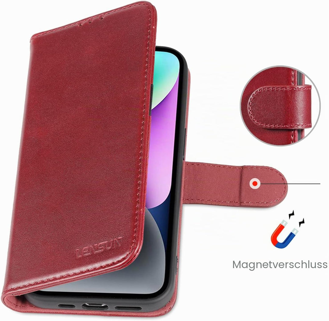 LENSUN Echtleder Hülle für iPhone 14, Handyhülle Echt Leder [Magnetverschluss][RFID Schutz] Handytas