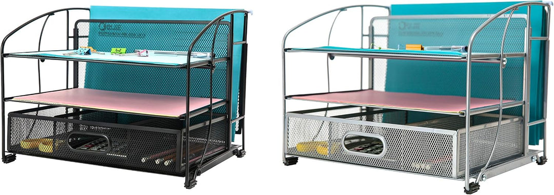 EXERZ Tisch-Organizer Aus Metalldraht Bürobedarf 3 Tabletts/Desktop-Aktenhalter Mit Schiebeschublade