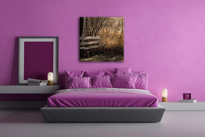 deyoli einsame Bank im Wald Format: 70x70 als Leinwandbild, Motiv fertig gerahmt auf Echtholzrahmen,