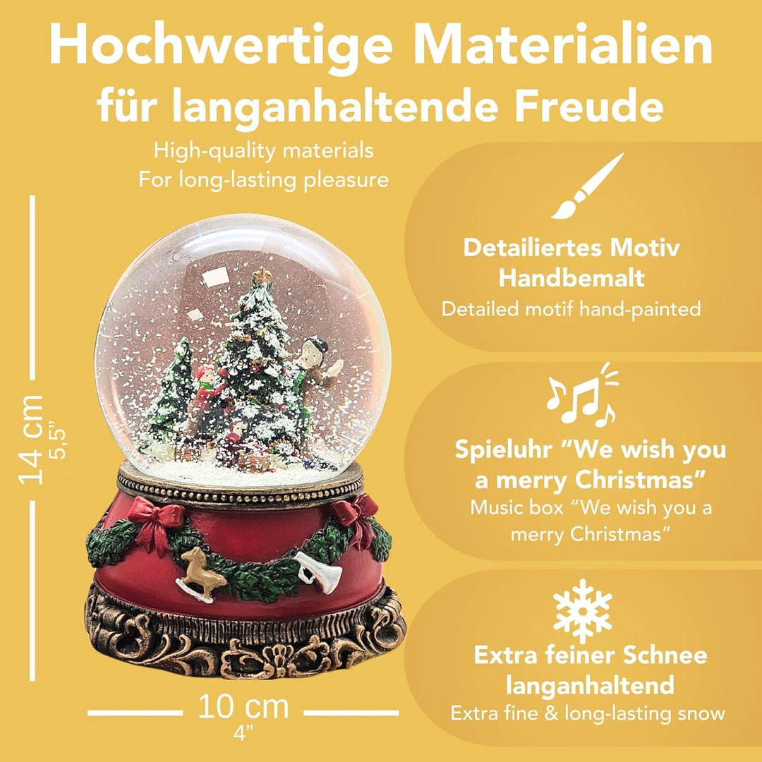 Schneekugel Christbaum schmücken * auf Sockel nostalgische Weihnachten mit Geschenke mit Spieluhr -